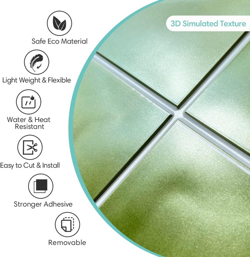 Commomy 10 Pcs Matte 3D Peel and Stick Tile 11.8"x11.8" Ultralight PVC Square Peel and Stick Backsplash for Kitchen Stick on Tiles for Bathroom,Living Room,Fireplace,Interior Wall Decor,Green - Image 3